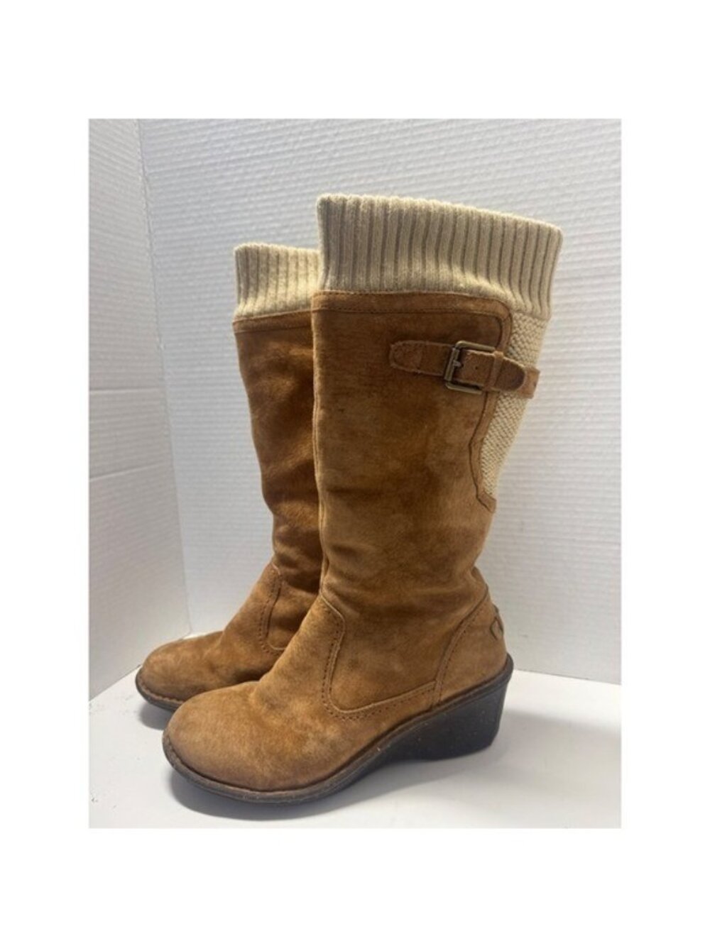 UGG Australia 1007372 Chestnut Suede Shearling Knit Skyfall Wedge Boots Womens 8